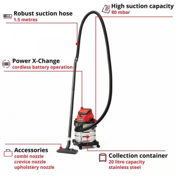 Cordless Wet/Dry Vacuum Cleaner TC-VC 18/20 Li S-Solo 80 mbar 20L 18V Einhell