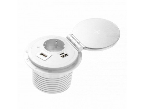 Удлинитель встраиваемый в стол CHARGER PLUS, 1 гнездо SCHUCKO, USB A+C, индукционная зарядка, (сменные USB-A, HDMI, RJ45), кабель 1,5m, белый