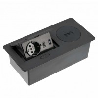 Удлинитель встраиваемый в стол AVARO PLUS, 1x гнездо SCHUKO, USB A+C, индукционная зарядка 5W, кабель 1.5m, черный