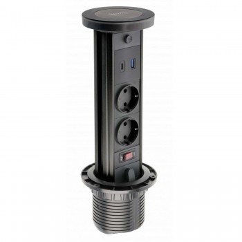 Teleblock for desk CAMINO 100mm, 2x gn schuko, USB A + C, 10W induction charge, 1.5m cable, black