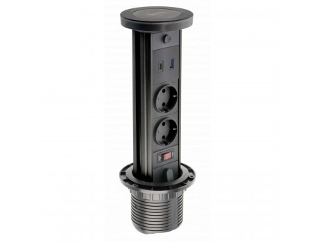 Teleblock for desk CAMINO 100mm, 2x gn schuko, USB A + C, 10W induction charge, 1.5m cable, black