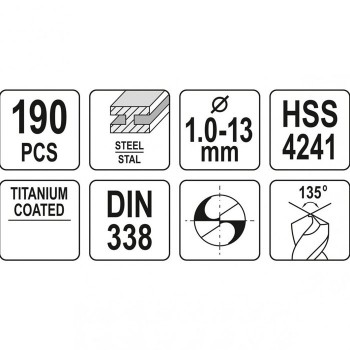 Набор сверл по металлу DIN338 190шт. (1-13мм) HSS YATO