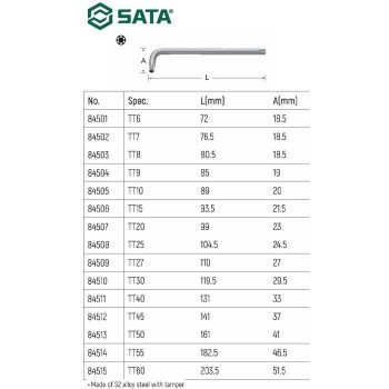 Ключ Torx с внутренним отверстием T-55, Д=162/34мм L-образный SATA