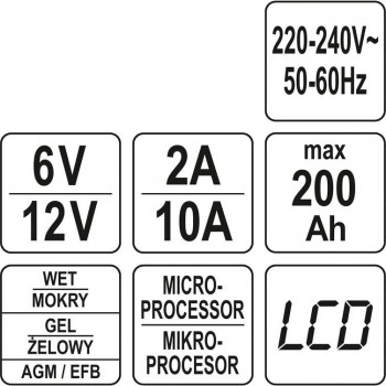 Электронное зарядное устройство 6/12V 2/10A 200Ah YATO