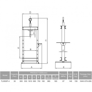 Hydraulic shop press with gauge 30t (foot pump) TONGLI