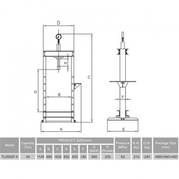 Hydraulic shop press with gauge 40t (foot pump) TONGLI
