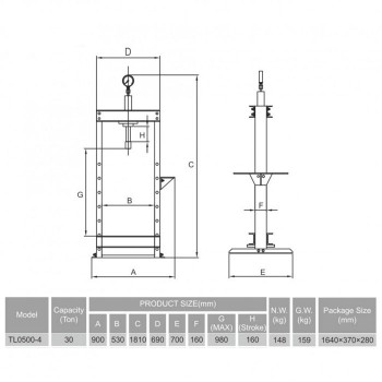 Hydraulic shop press with gauge 30t TONGLI