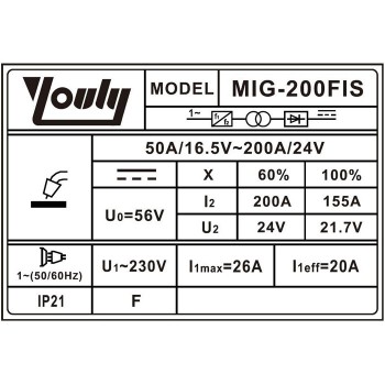 Invertora metināšanas pusautomāts MIG-200FIS, 200A, 230V YOULI