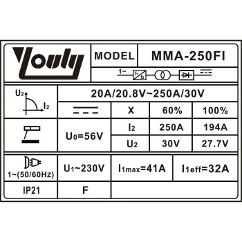 Invertora metināšanas iekārta MMA-250FI, 250A, 230V YOULI