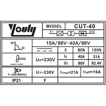 Аппарат для плазменной резки CUT-40, 40A, 220V, 15мм (MOSFET) YOULI