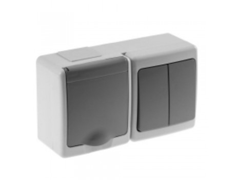 Switch 2 gang, 1-way + socket 2P+Z outlet IP44 grey Beta Pawbol