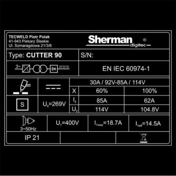Plazmas griešanas iekārta CUTTER 110, 105A, 400V, 40mm Sherman