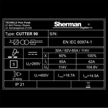 Аппарат для плазменной резки CUTTER 110, 105A, 400V, 40мм Sherman