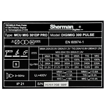 Semi-automatic synergic welding machine DIGIMIG 300 Pulse, 300A, 400V Sherman