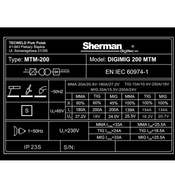 Sinerģiskais metināšanas pusautomāts DIGIMIG 200 MTM komplekts Advanced, 200A, 230V Sherman