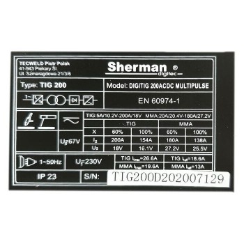 Синергетический инверторный сварочный аппарат DIGITIG 200 AC/DC MULTIPULSE, 200A, 230V Sherman