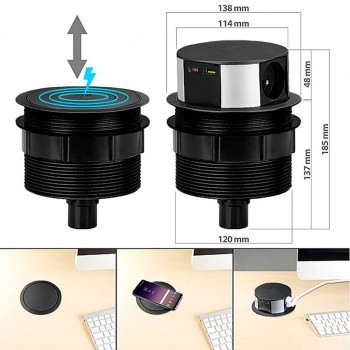 Iebūvējama kontaktligzda galda virsmai, 3 ligzdas + USB tips A+C, bezvadu uzlāde 10W, 2m, Melna Solight